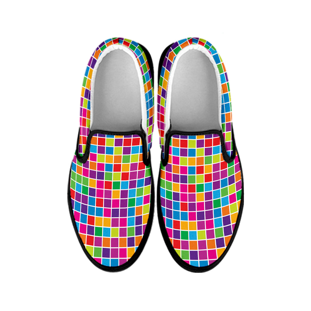 Rainbow Squares Pattern Print Black Slip On Shoes