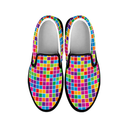 Rainbow Squares Pattern Print Black Slip On Shoes