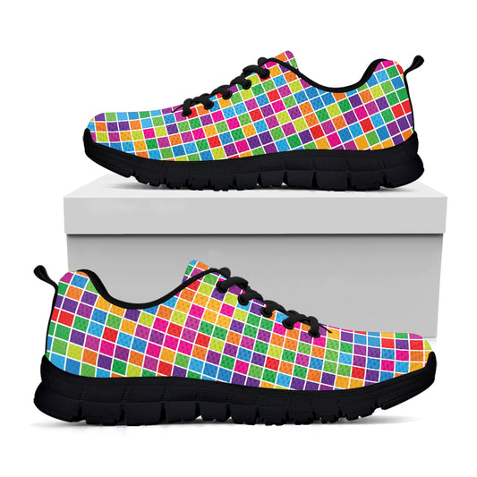 Rainbow Squares Pattern Print Black Sneakers