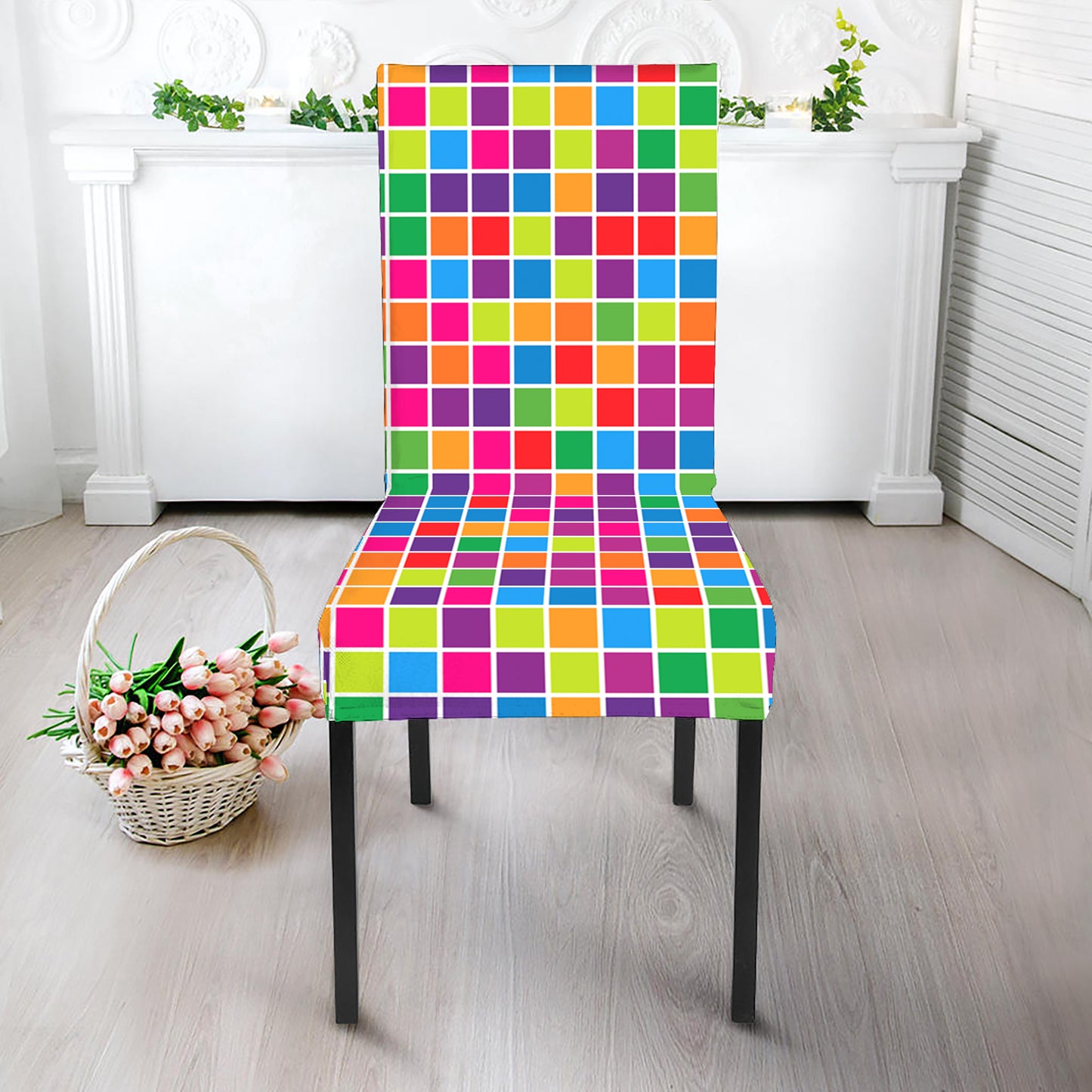 Rainbow Squares Pattern Print Dining Chair Slipcover