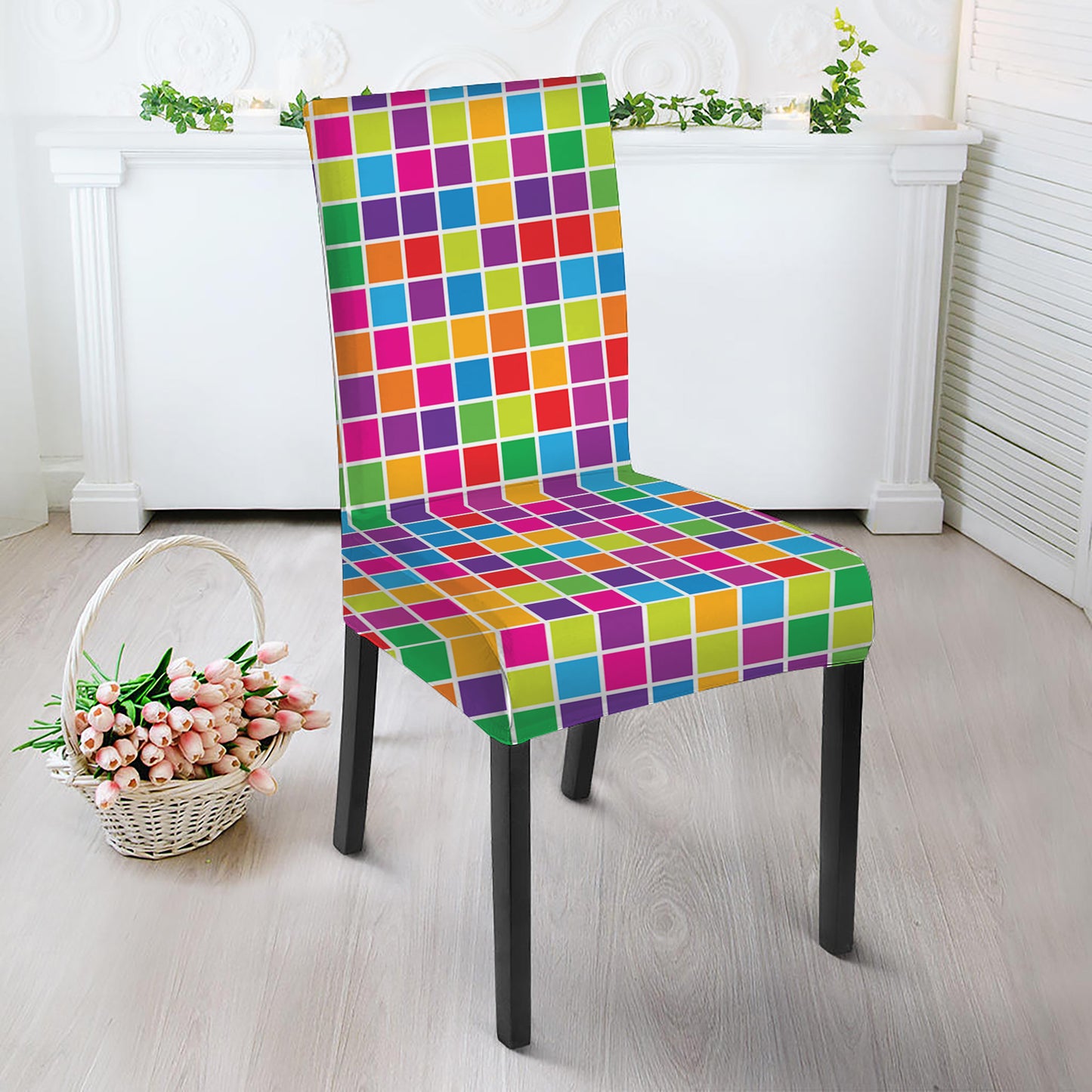 Rainbow Squares Pattern Print Dining Chair Slipcover