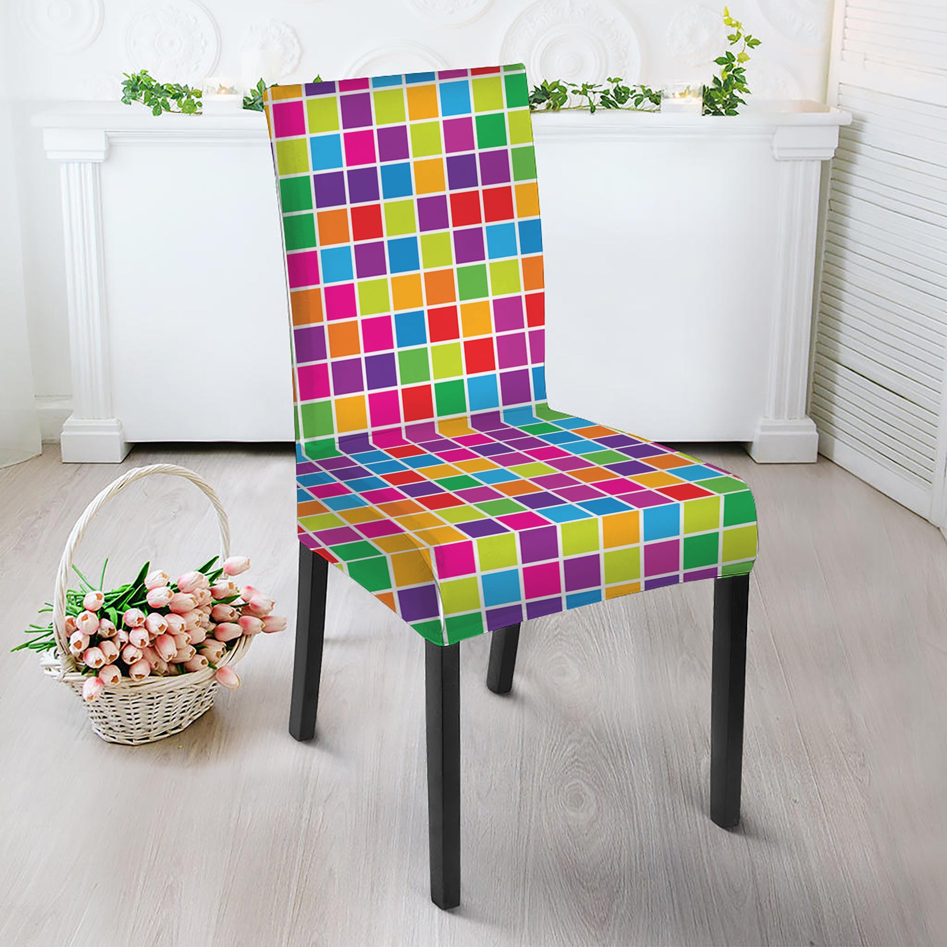 Rainbow Squares Pattern Print Dining Chair Slipcover