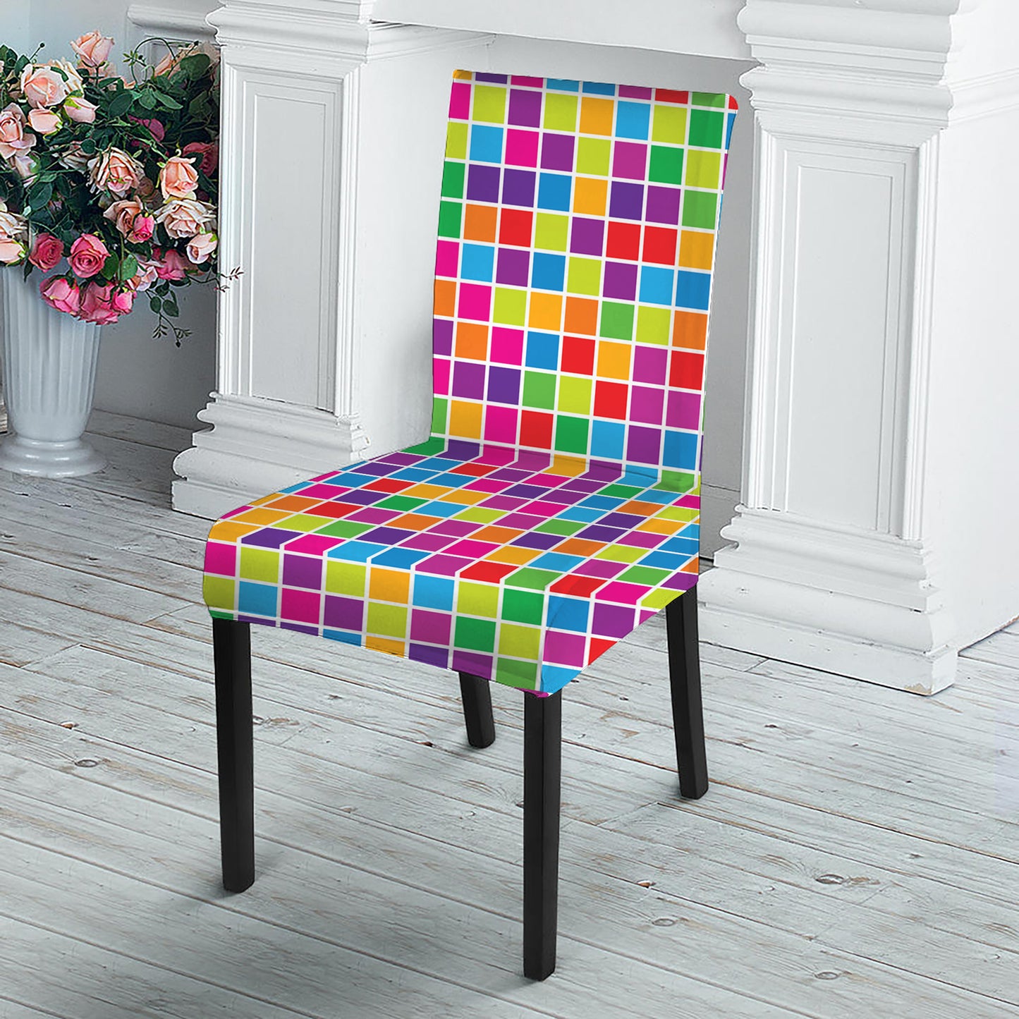 Rainbow Squares Pattern Print Dining Chair Slipcover