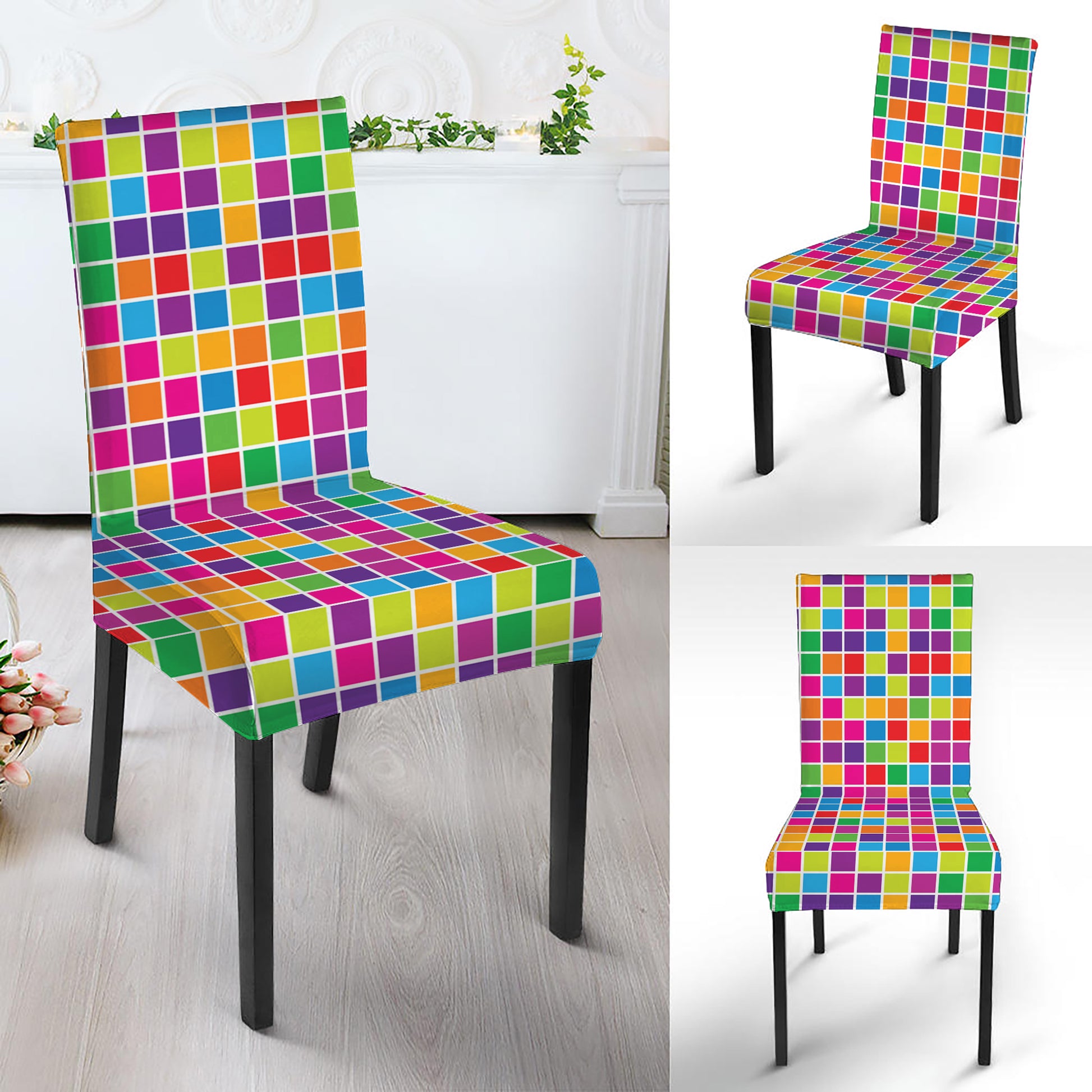 Rainbow Squares Pattern Print Dining Chair Slipcover