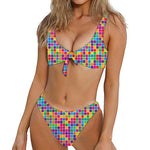 Rainbow Squares Pattern Print Front Bow Tie Bikini