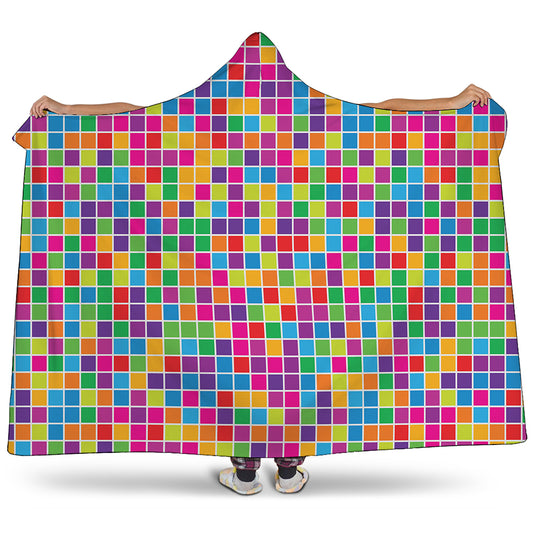 Rainbow Squares Pattern Print Hooded Blanket