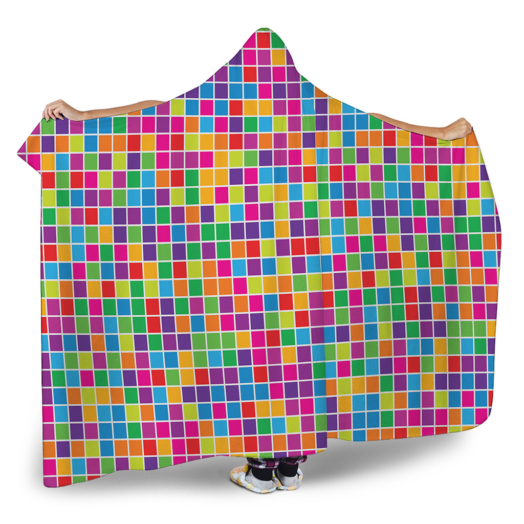 Rainbow Squares Pattern Print Hooded Blanket