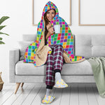 Rainbow Squares Pattern Print Hooded Blanket