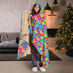 Rainbow Squares Pattern Print Hooded Blanket
