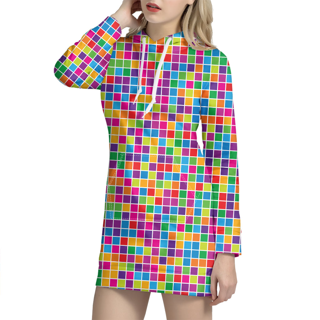 Rainbow Squares Pattern Print Hoodie Dress