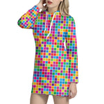 Rainbow Squares Pattern Print Hoodie Dress