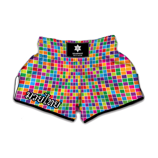 Rainbow Squares Pattern Print Muay Thai Boxing Shorts