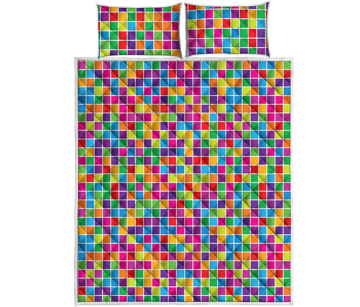 Rainbow Squares Pattern Print Quilt Bed Set