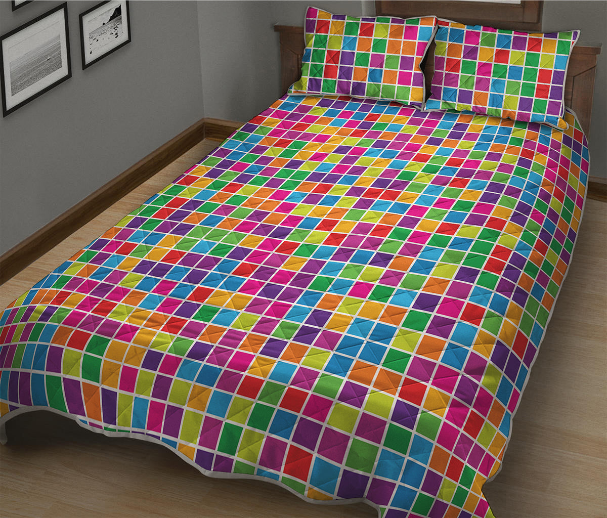 Rainbow Squares Pattern Print Quilt Bed Set
