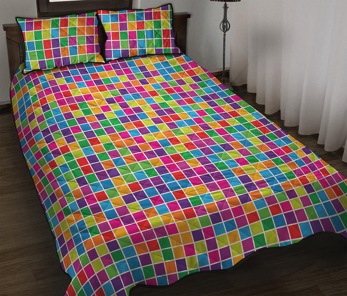 Rainbow Squares Pattern Print Quilt Bed Set
