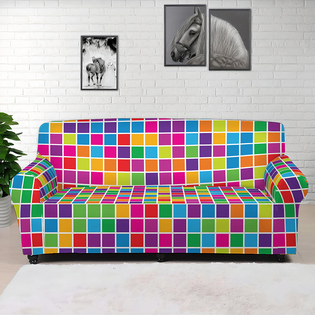 Rainbow Squares Pattern Print Sofa Cover