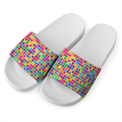 Rainbow Squares Pattern Print White Slide Sandals