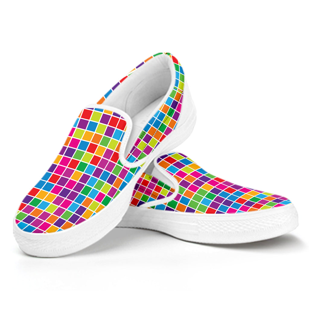Rainbow Squares Pattern Print White Slip On Shoes