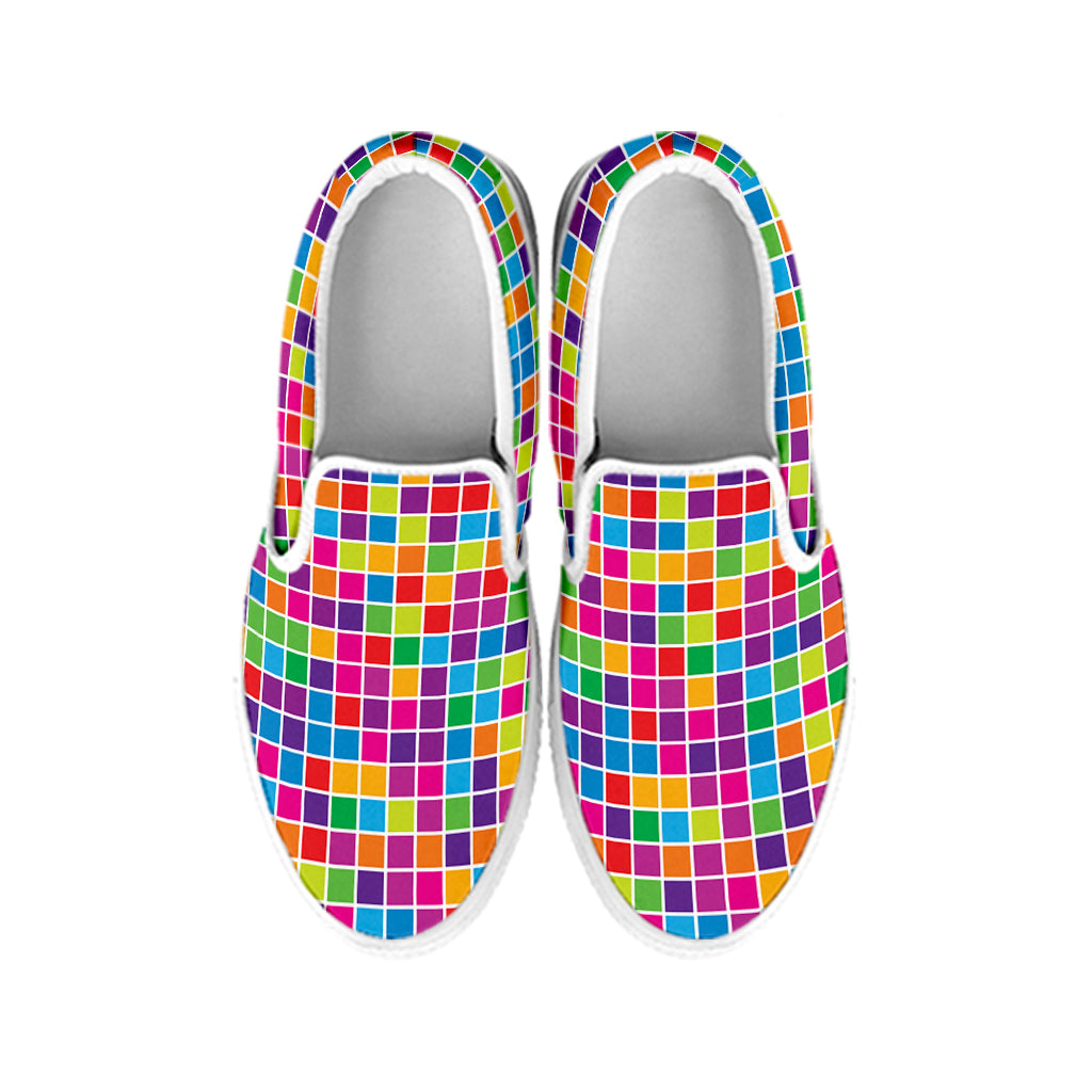 Rainbow Squares Pattern Print White Slip On Shoes