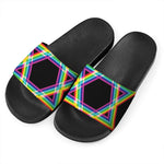 Rainbow Star of David Print Black Slide Sandals