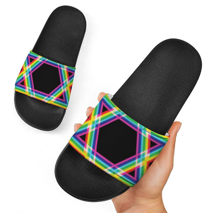 Rainbow Star of David Print Black Slide Sandals