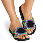 Rainbow Star of David Print Black Slide Sandals