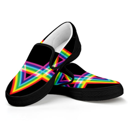 Rainbow Star of David Print Black Slip On Shoes