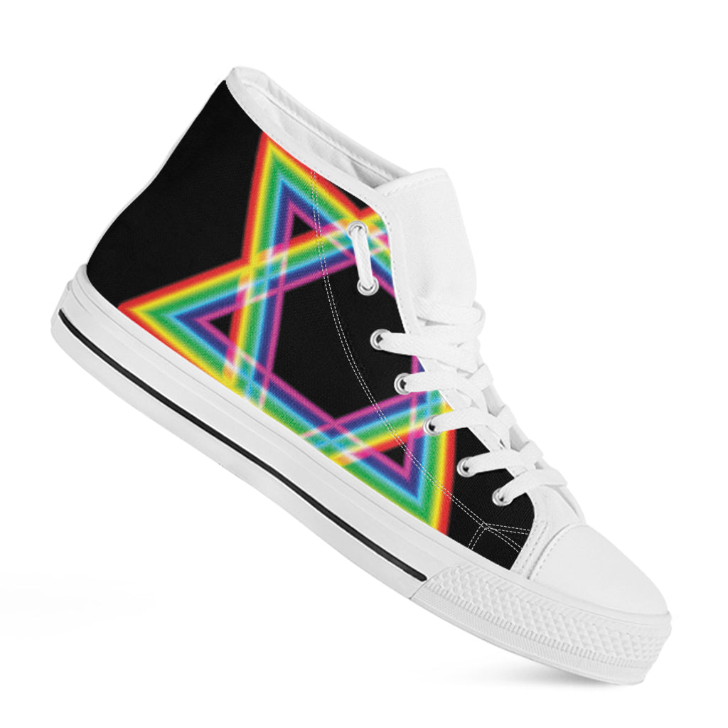 Rainbow Star of David Print White High Top Shoes