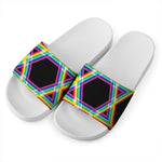 Rainbow Star of David Print White Slide Sandals