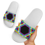 Rainbow Star of David Print White Slide Sandals