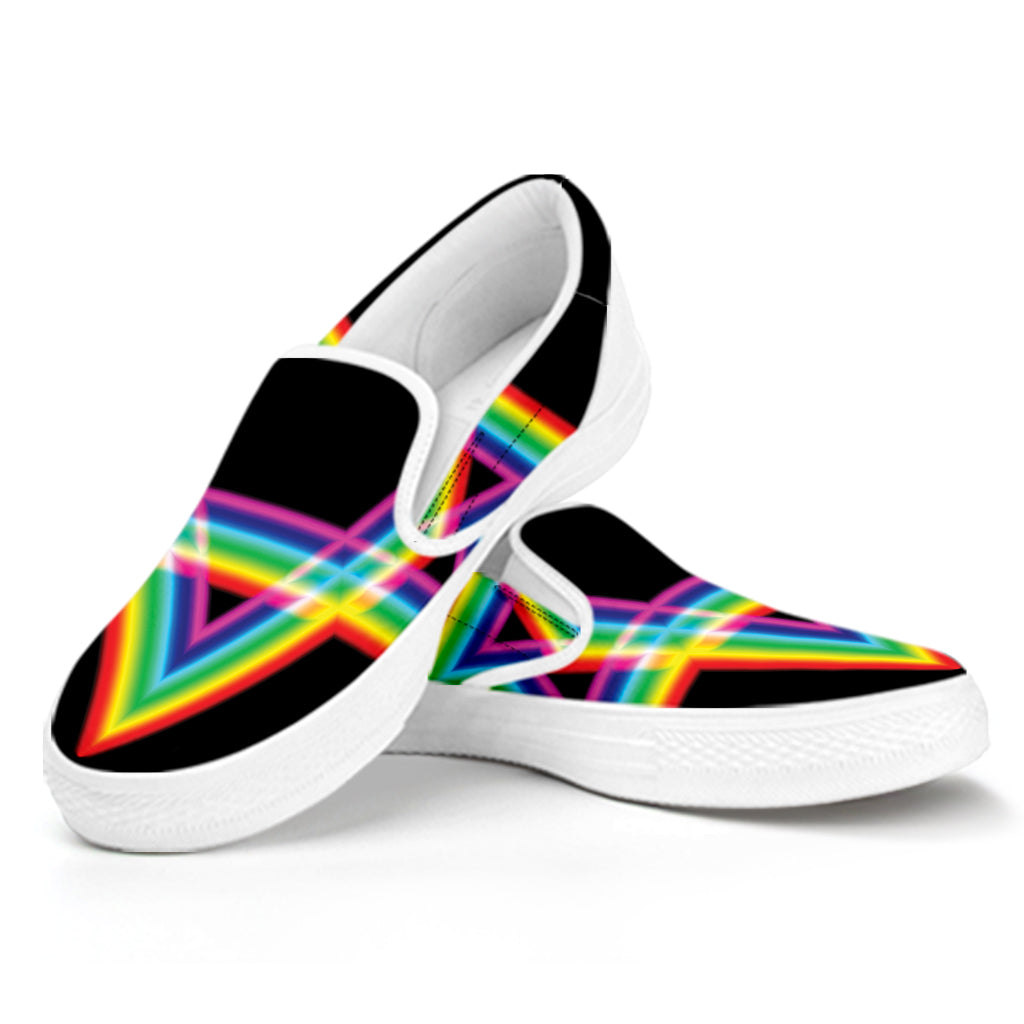 Rainbow Star of David Print White Slip On Shoes