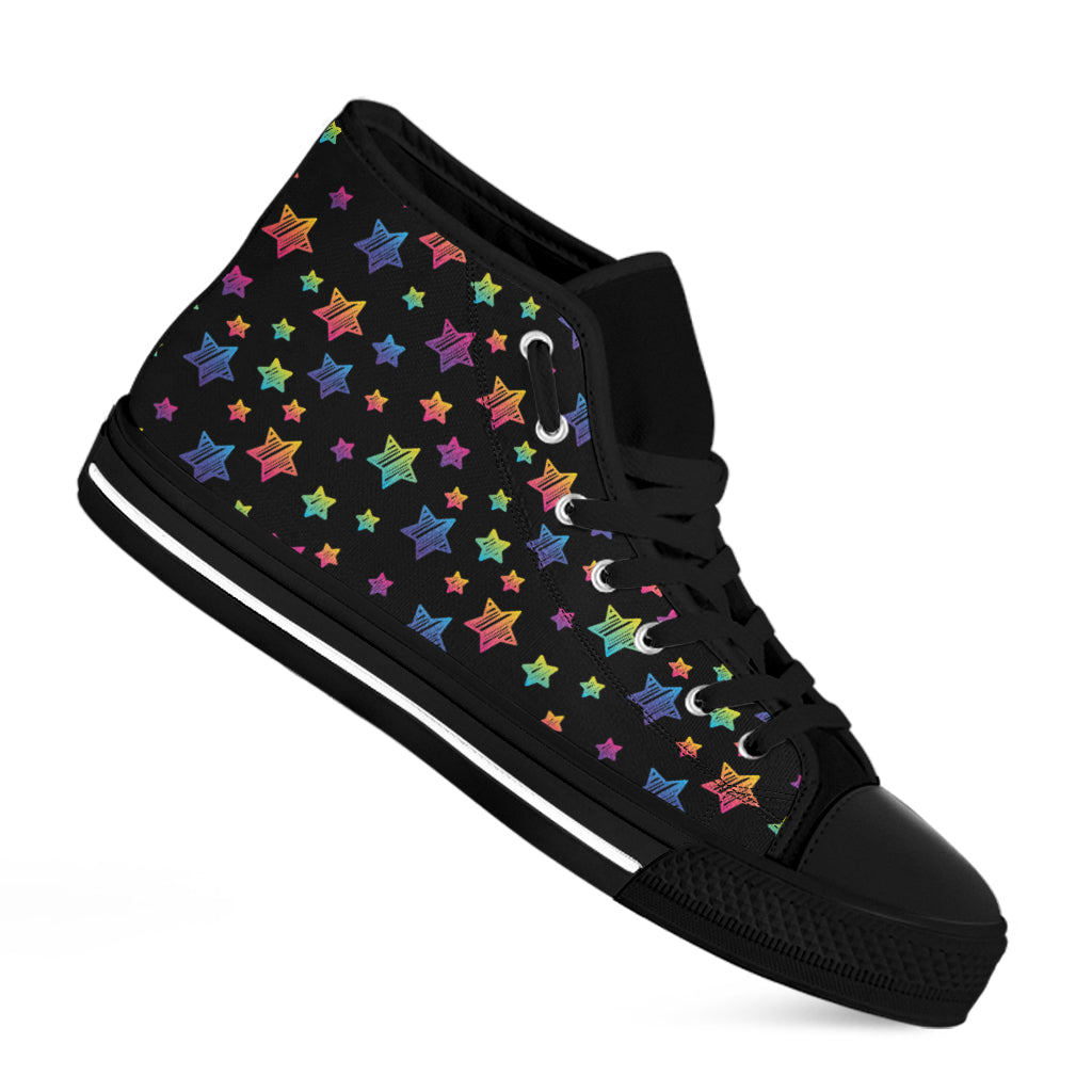 Rainbow Stars Pattern Print Black High Top Shoes