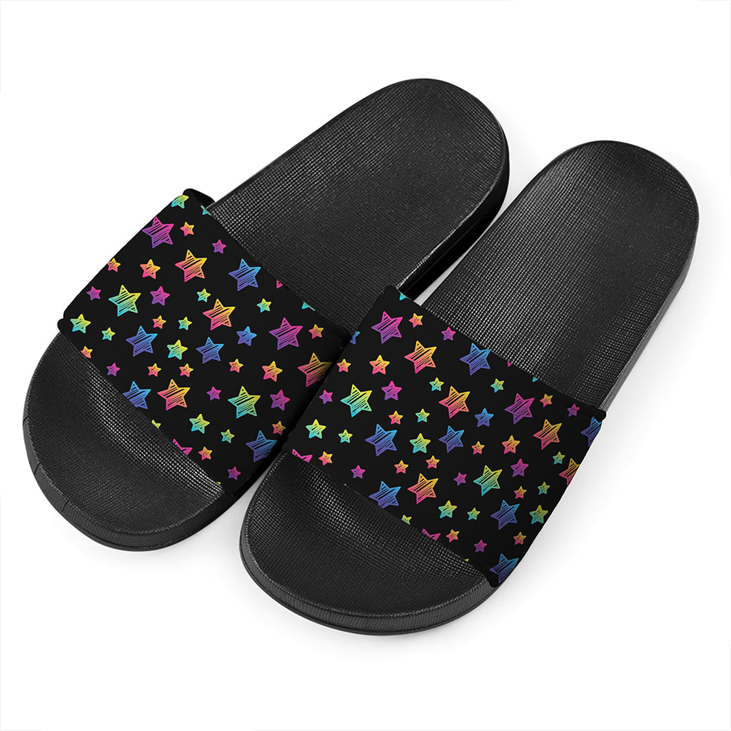 Rainbow Stars Pattern Print Black Slide Sandals
