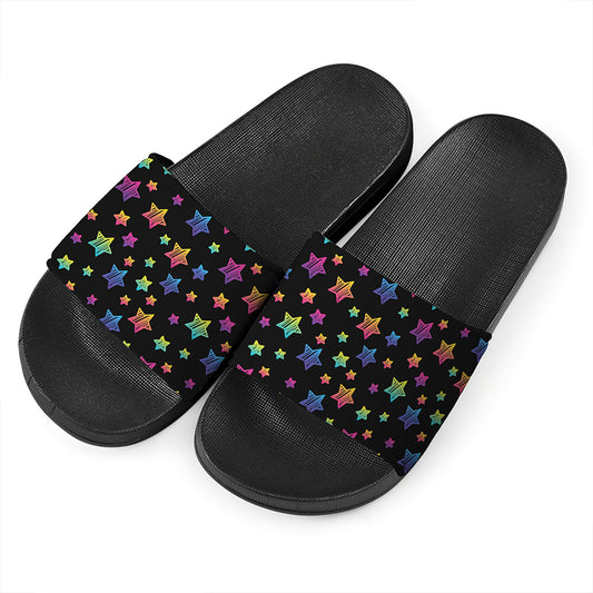 Rainbow Stars Pattern Print Black Slide Sandals