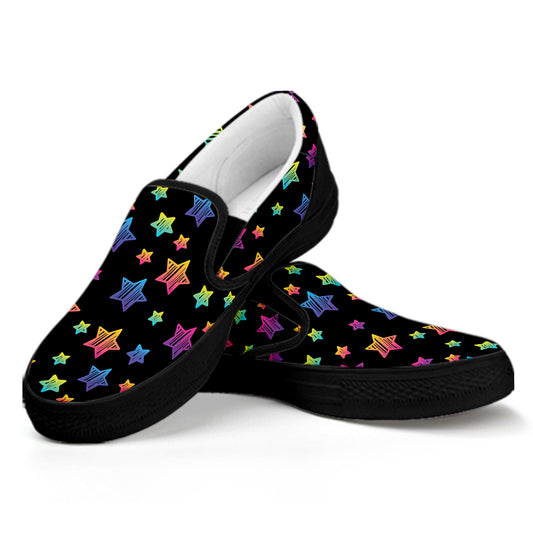 Rainbow Stars Pattern Print Black Slip On Shoes