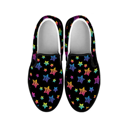 Rainbow Stars Pattern Print Black Slip On Shoes