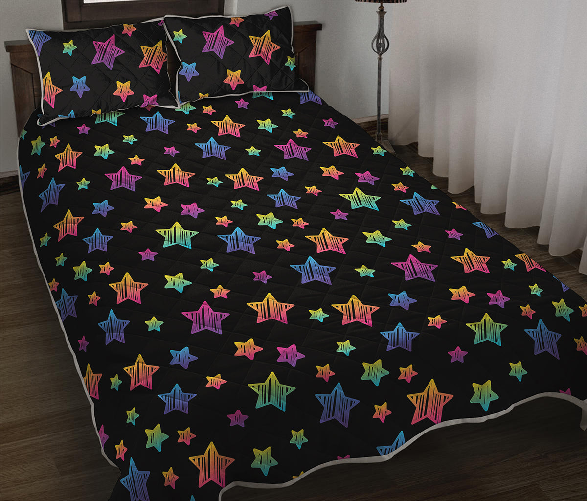 Rainbow Stars Pattern Print Quilt Bed Set