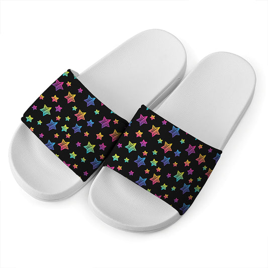 Rainbow Stars Pattern Print White Slide Sandals