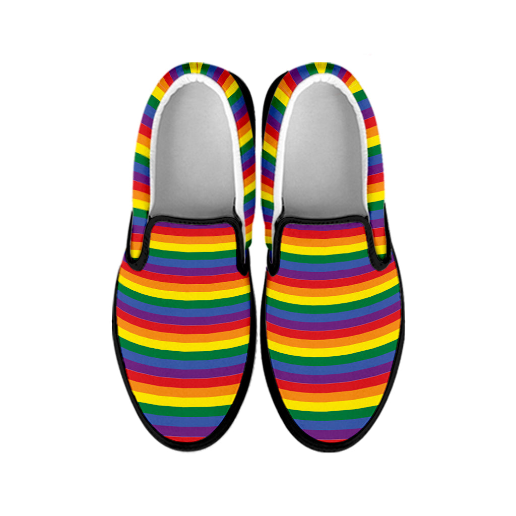Rainbow Stripe Print Black Slip On Shoes