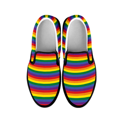 Rainbow Stripe Print Black Slip On Shoes