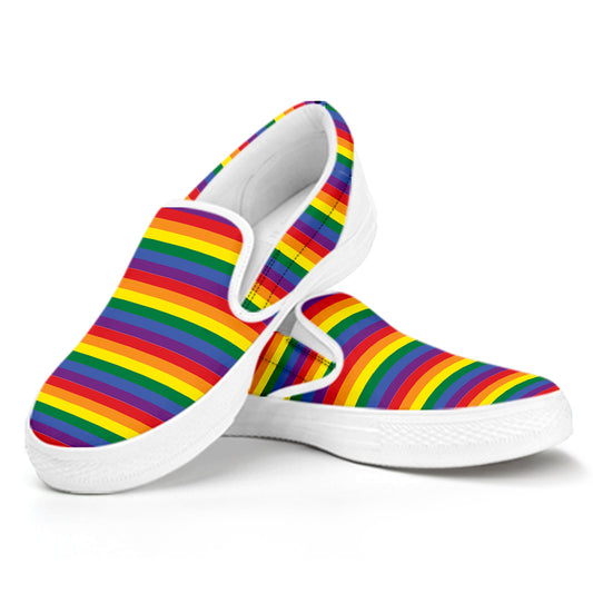 Rainbow Stripe Print White Slip On Shoes
