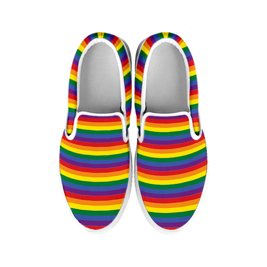 Rainbow Stripe Print White Slip On Shoes