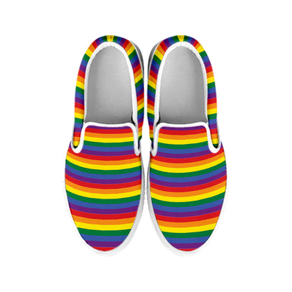 Rainbow Stripe Print White Slip On Shoes