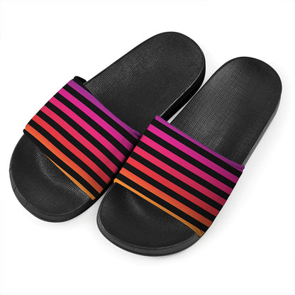 Rainbow Striped Pattern Print Black Slide Sandals