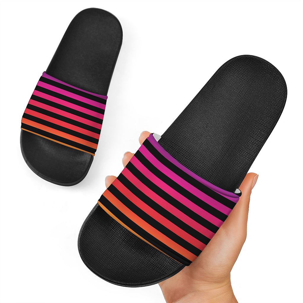 Rainbow Striped Pattern Print Black Slide Sandals