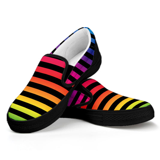 Rainbow Striped Pattern Print Black Slip On Shoes