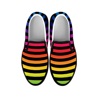 Rainbow Striped Pattern Print Black Slip On Shoes