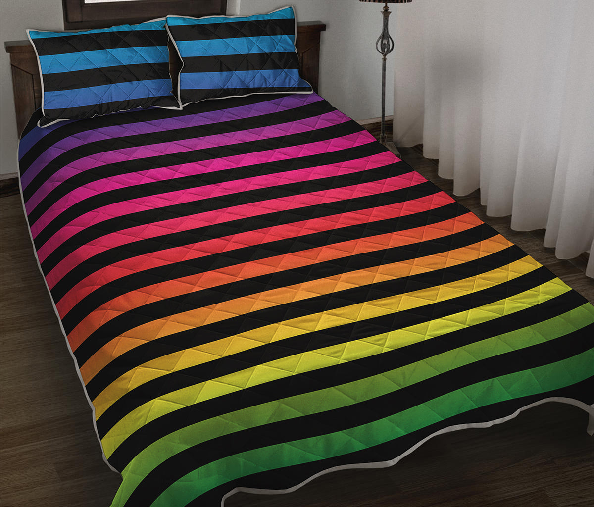 Rainbow Striped Pattern Print Quilt Bed Set