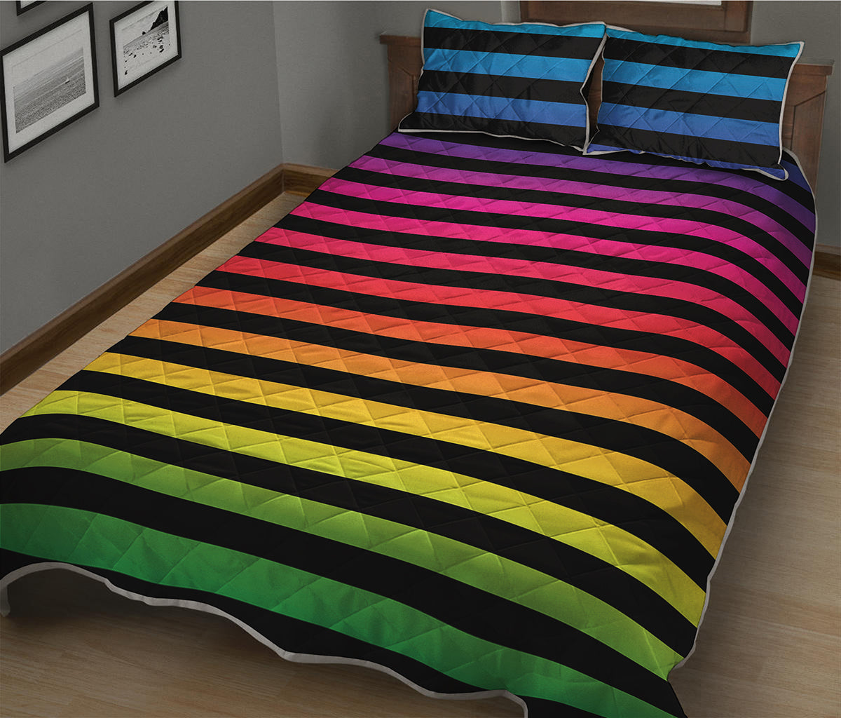 Rainbow Striped Pattern Print Quilt Bed Set