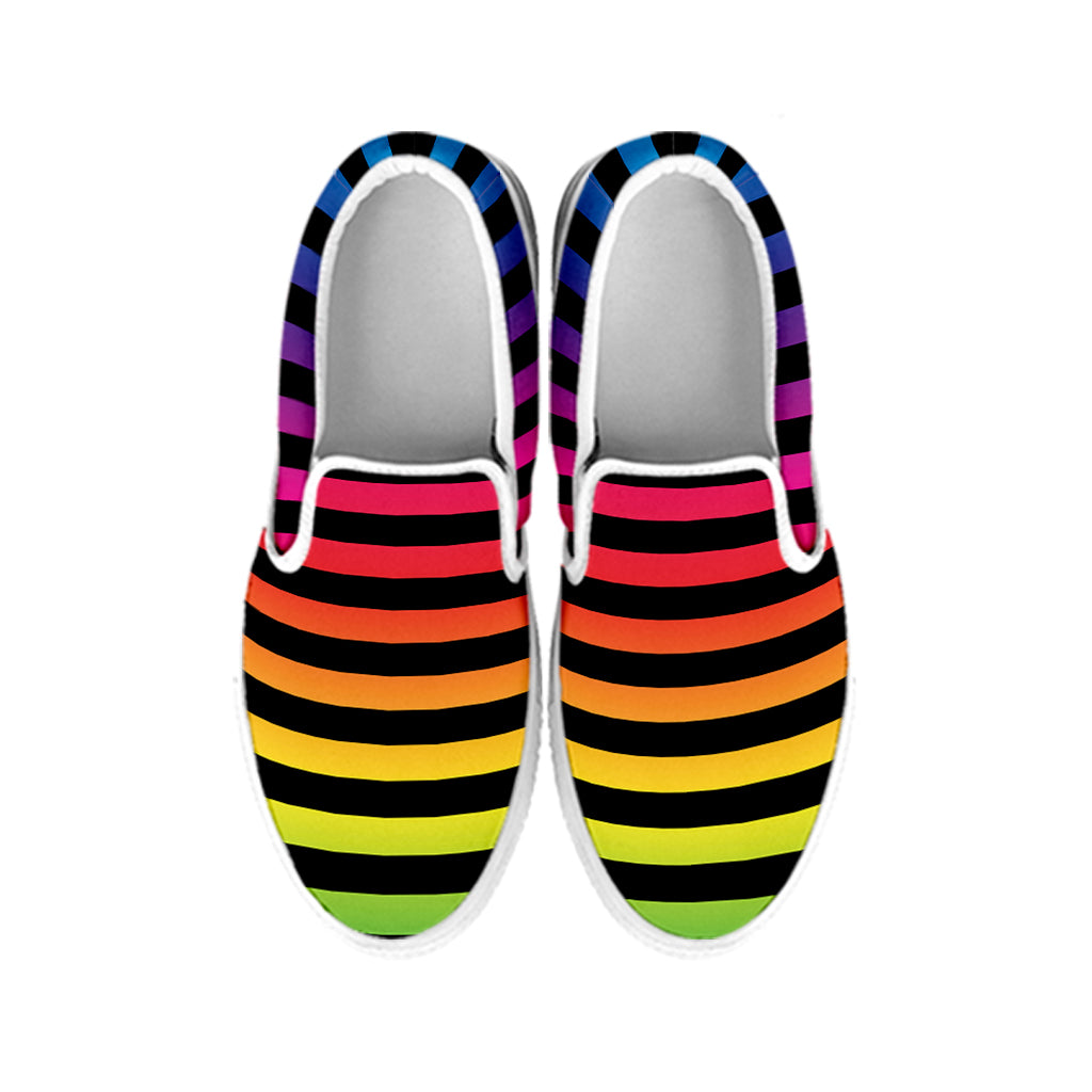 Rainbow Striped Pattern Print White Slip On Shoes